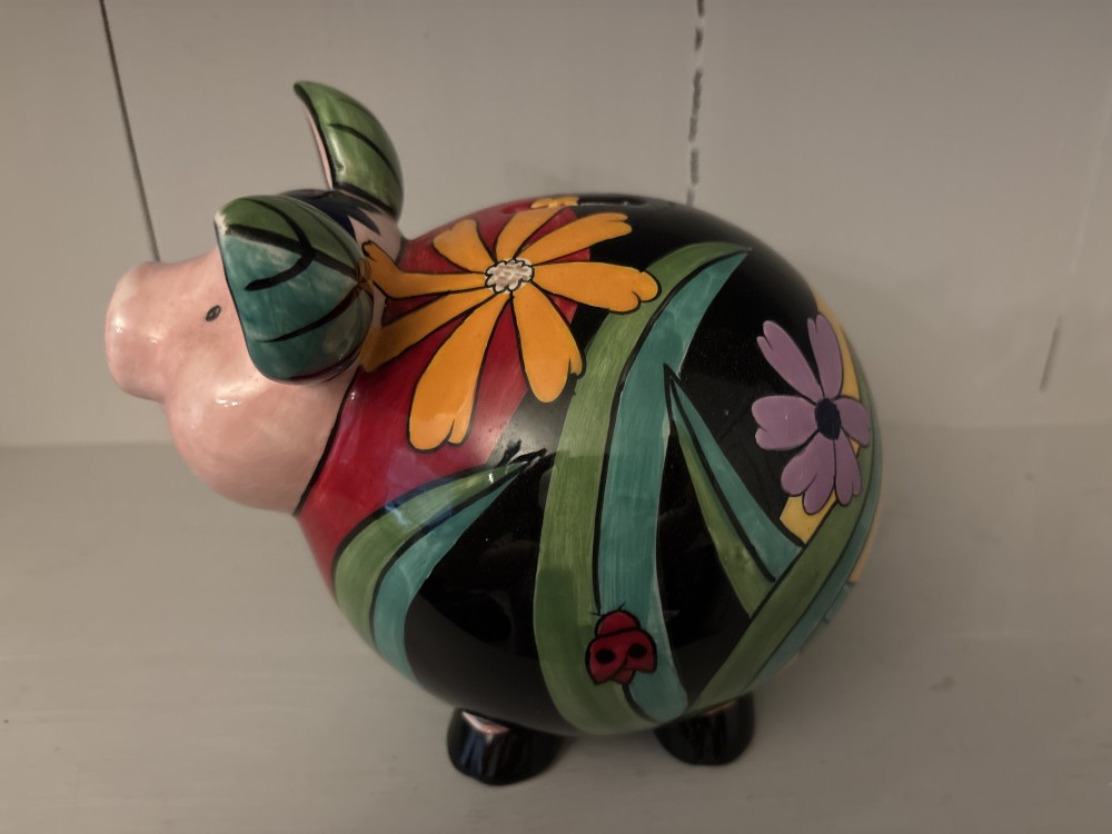 Piggy Bank Painted Floral & Butterflies