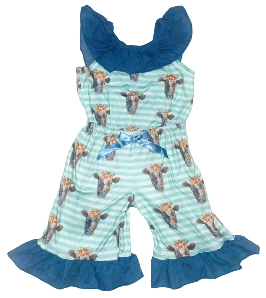 Blue Ruffle Cow Romper