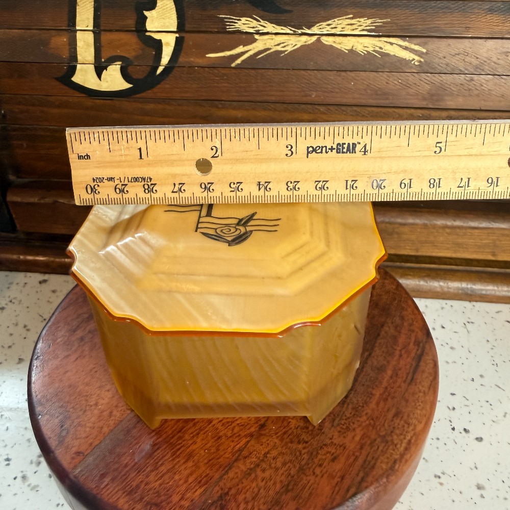 Art Deco Dresser Box Celluloid Lid Amber Satin Glass Base