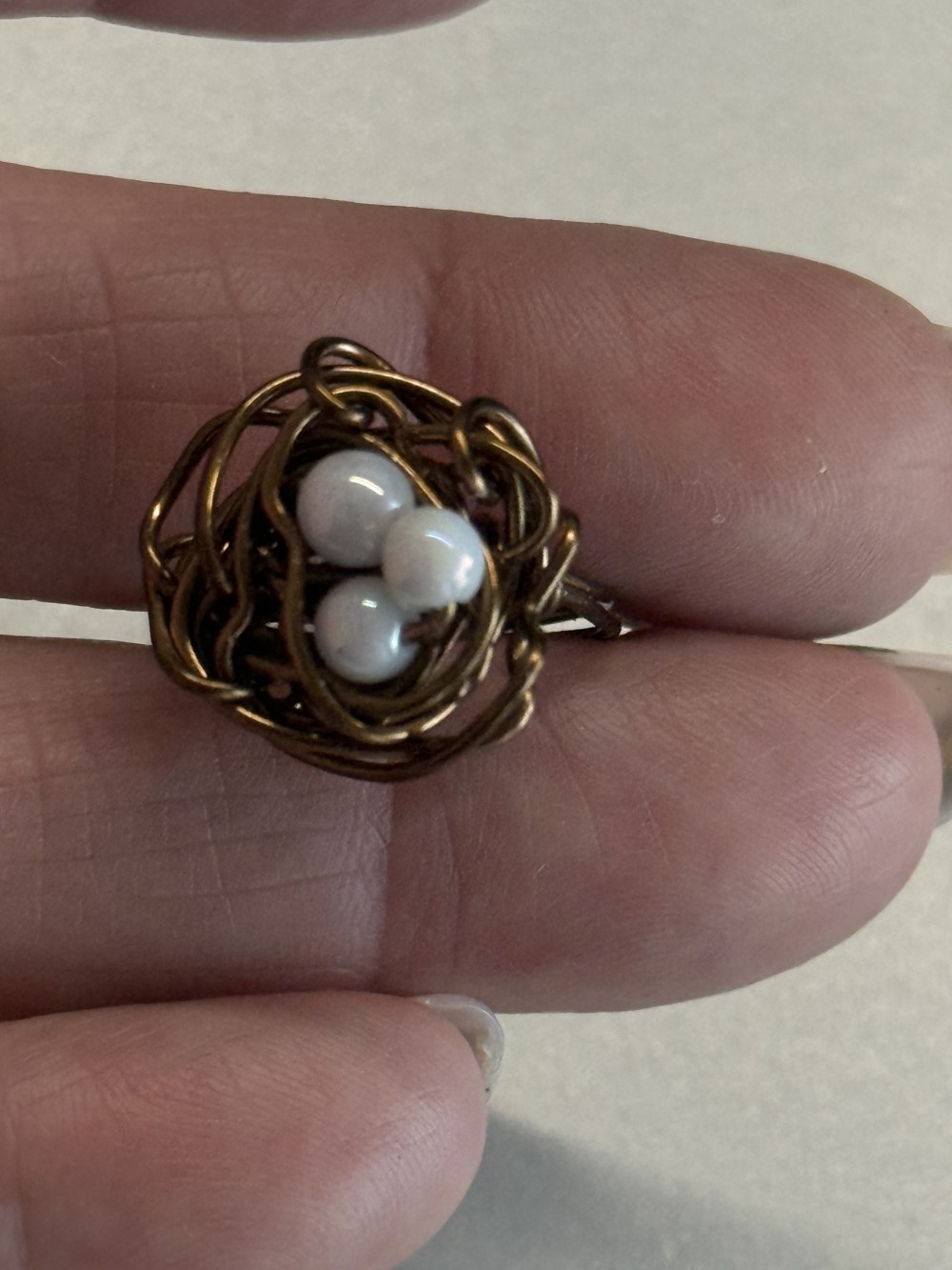 Ring - Bird Nest Brown Wire Wrapped Three White Eggs