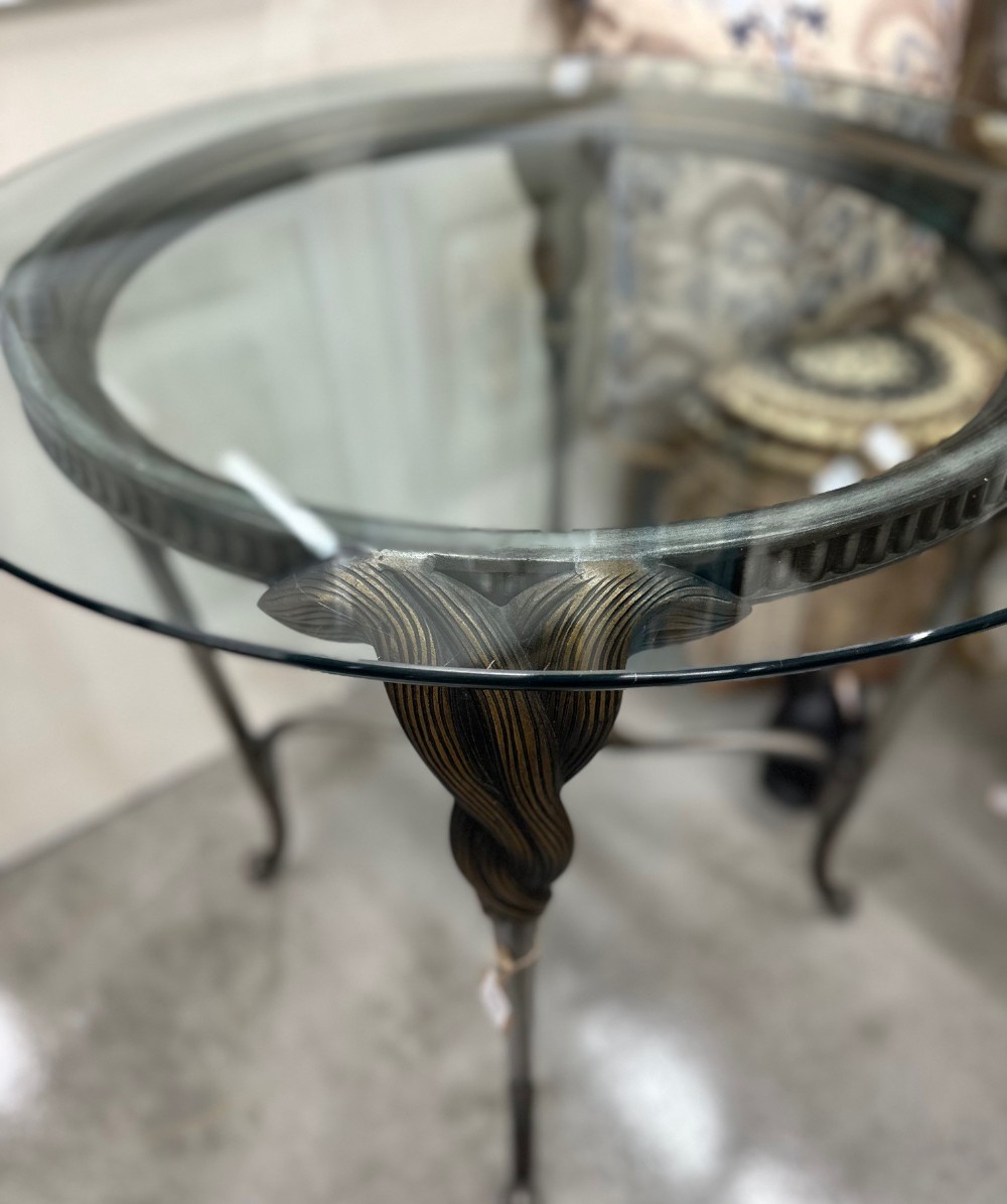 Round Beveled Glass Top Side Table with Ornate Metal Base