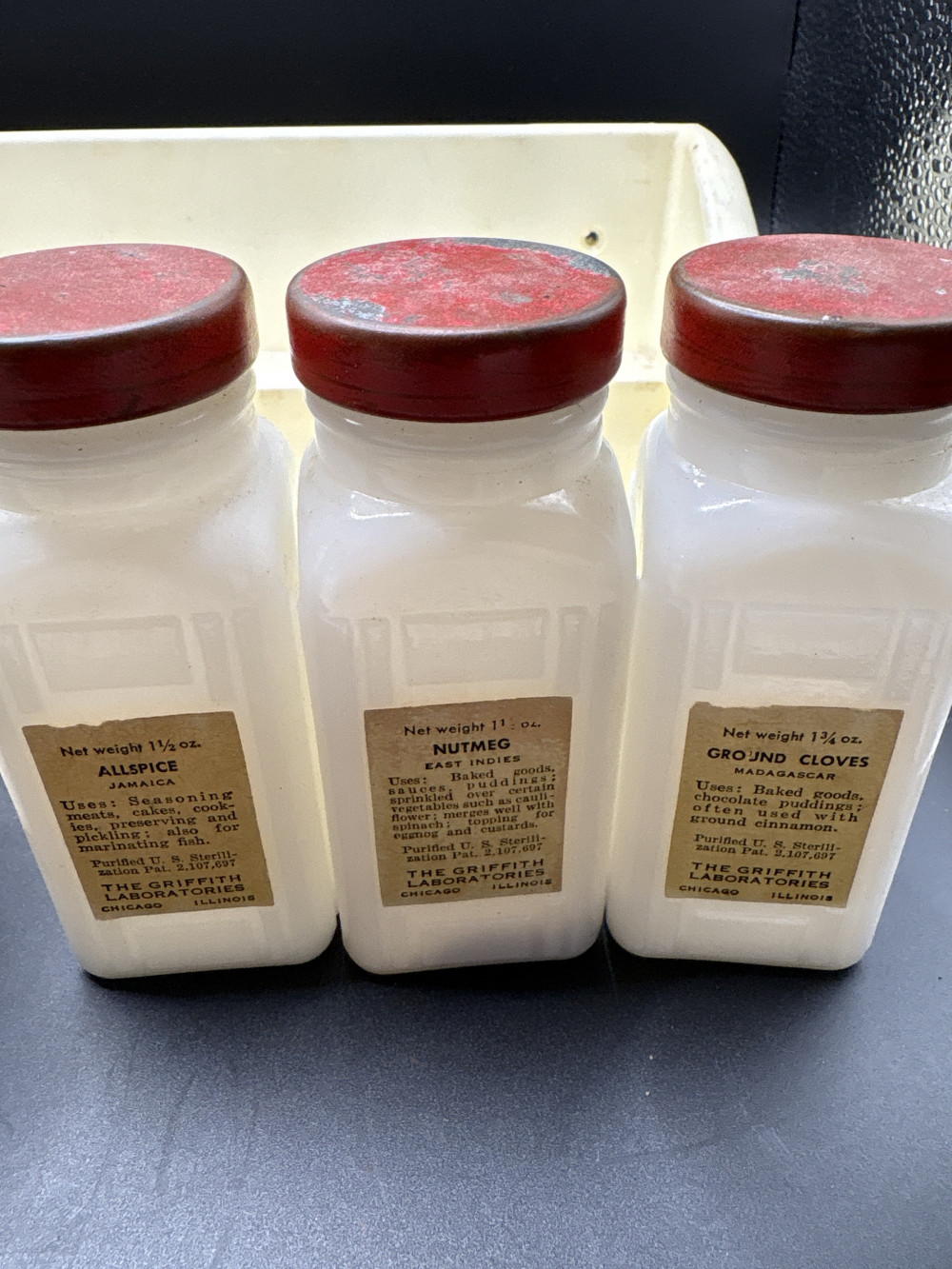 Griffiths Milk Glass 12 Spice Jars With Rack - Vintage