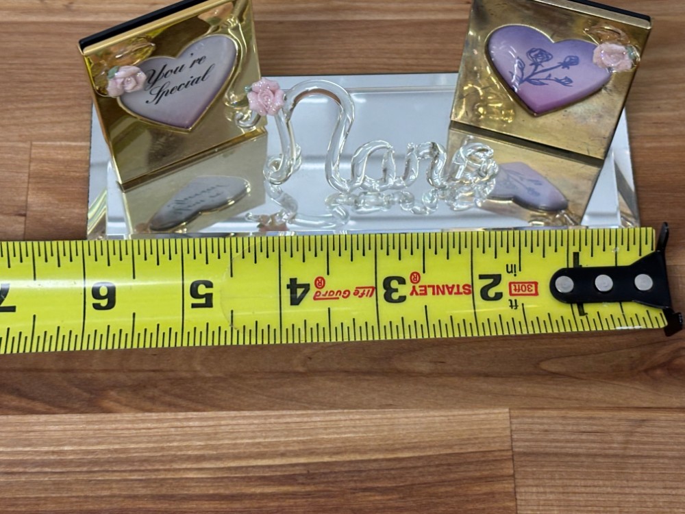 Picture Frame Set Glass Baron Nana Double Heart Photo Frames on Mirrored Base with Glass Script