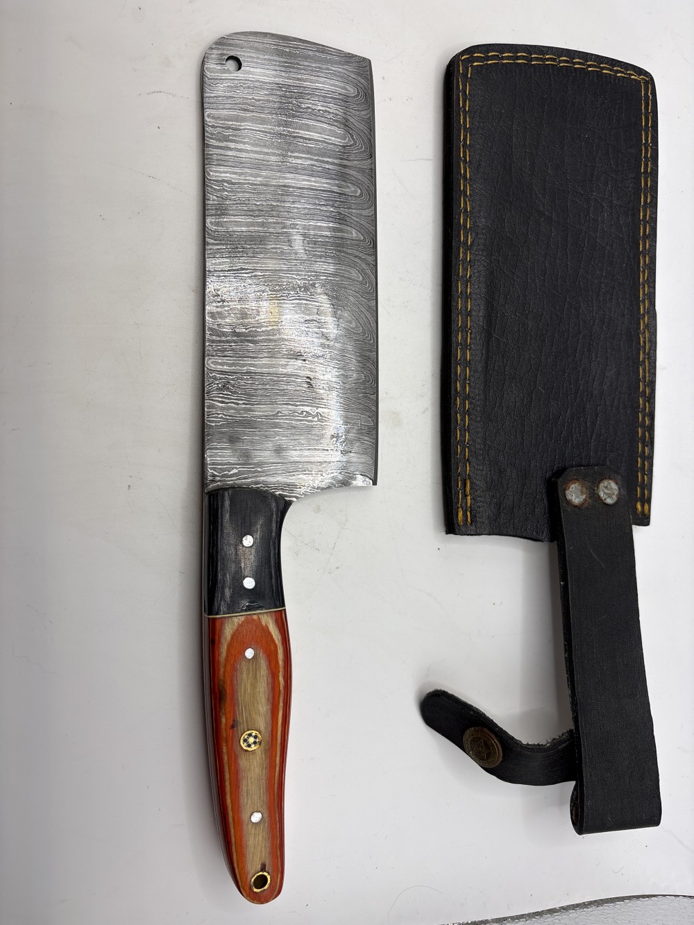 Damascus Cleaver Knife Red and Black Handle 11 inch Like New with Sheath As-is