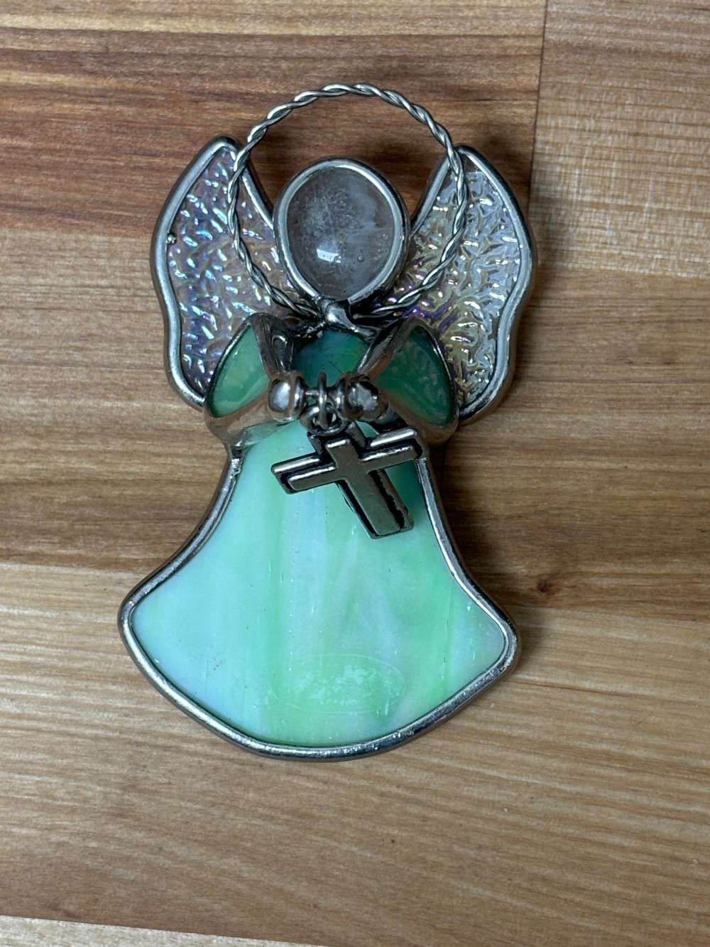 Stained Glass Angel Suncatcher Ornament Green Glass Cross Religious Decor