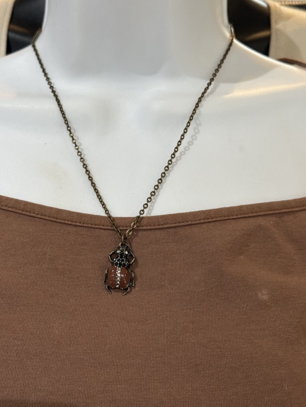 Necklace - Scarab, Beetle Brown Enamel Bronze & Rhinestones