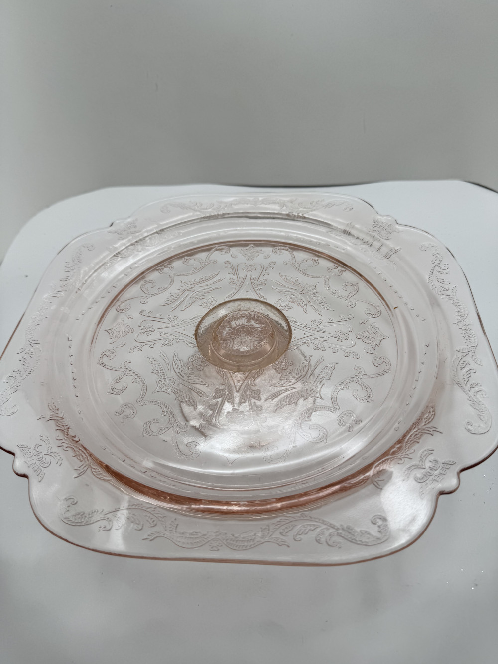 PINK DEPRESSION  GLASS FOOTED CAKE PLATE