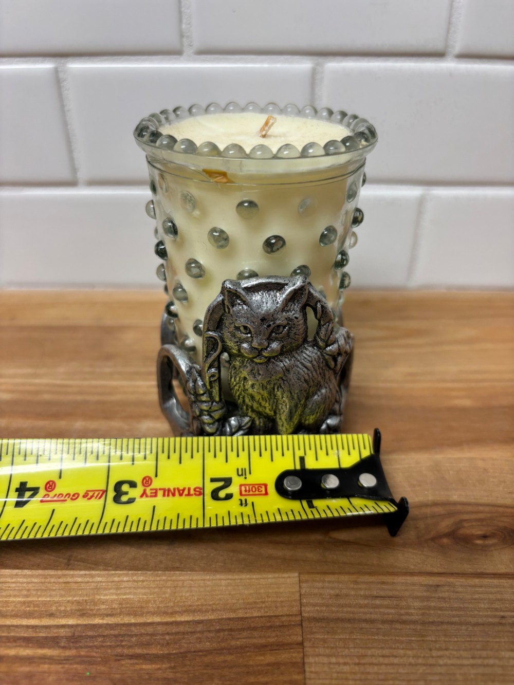 Pewter Cat Candle Holder Carlton 1997 Hobnail Glass Votive Kittycore