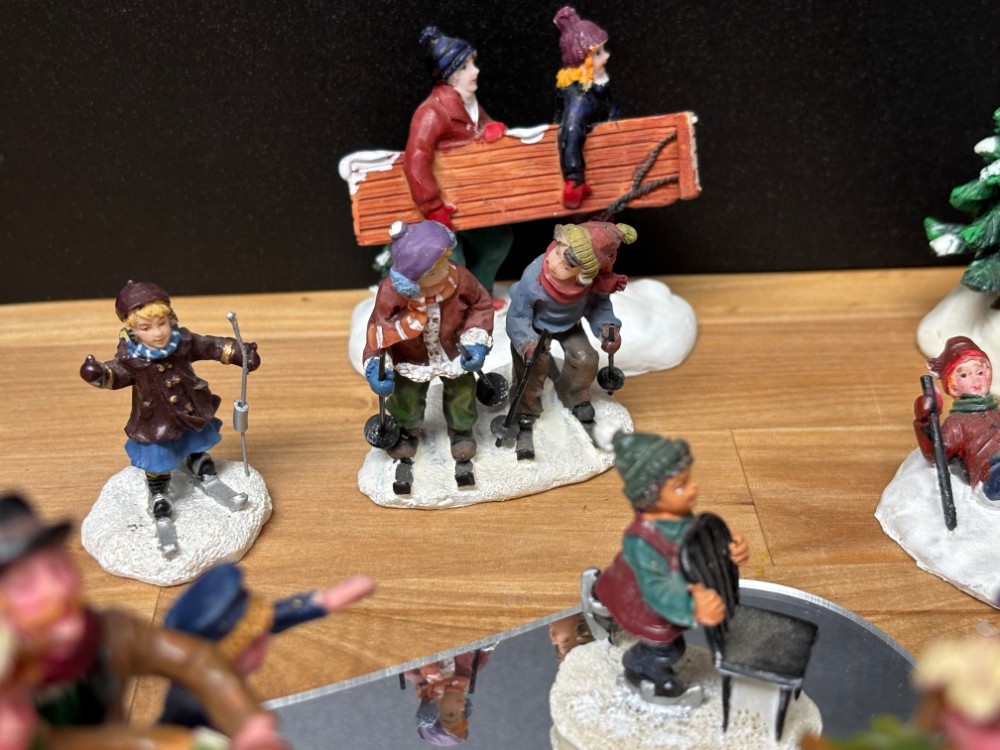 Christmas Village People Winter Activities Ice Skating Sledding Figurines 13 Piece Lot