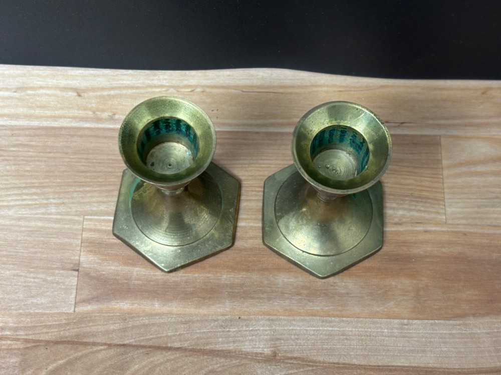 Brass Candlestick Holders Pair Hexagon Base Vintage Taper Candle Holders