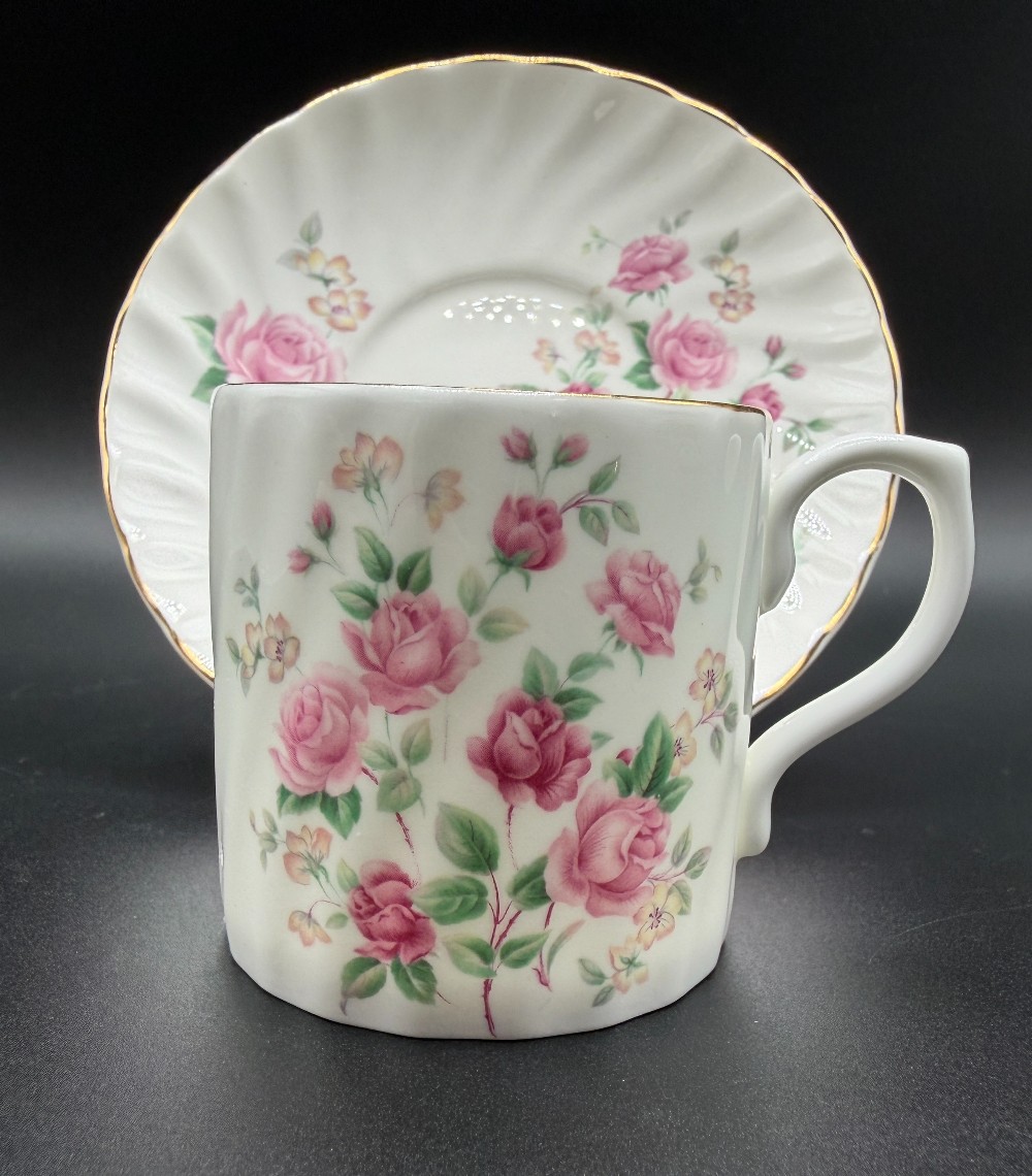 Vintage Royal Stuart Fine Bone China Demitasse Cup and Saucer Set - Swirl Fluted Pink Rose Pattern Made in England