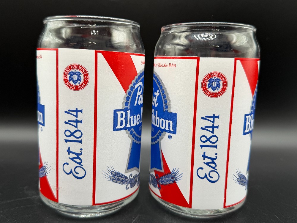 Pair Vintage Pabst Blue Ribbon Beer Can Glasses 16oz Libbey PBR Barware Set of 2