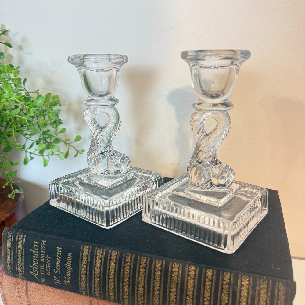 Pressed Glass Dolphin Candlestick Holders, Pair