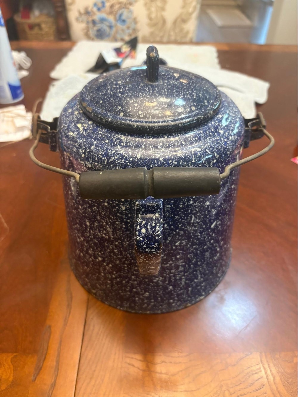 Blue Speckled Graniteware Camp Coffee Pot w/Lid