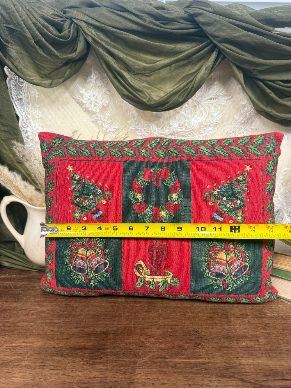 Red Green Tapestry Christmas Pillow Trees Wreaths Bells