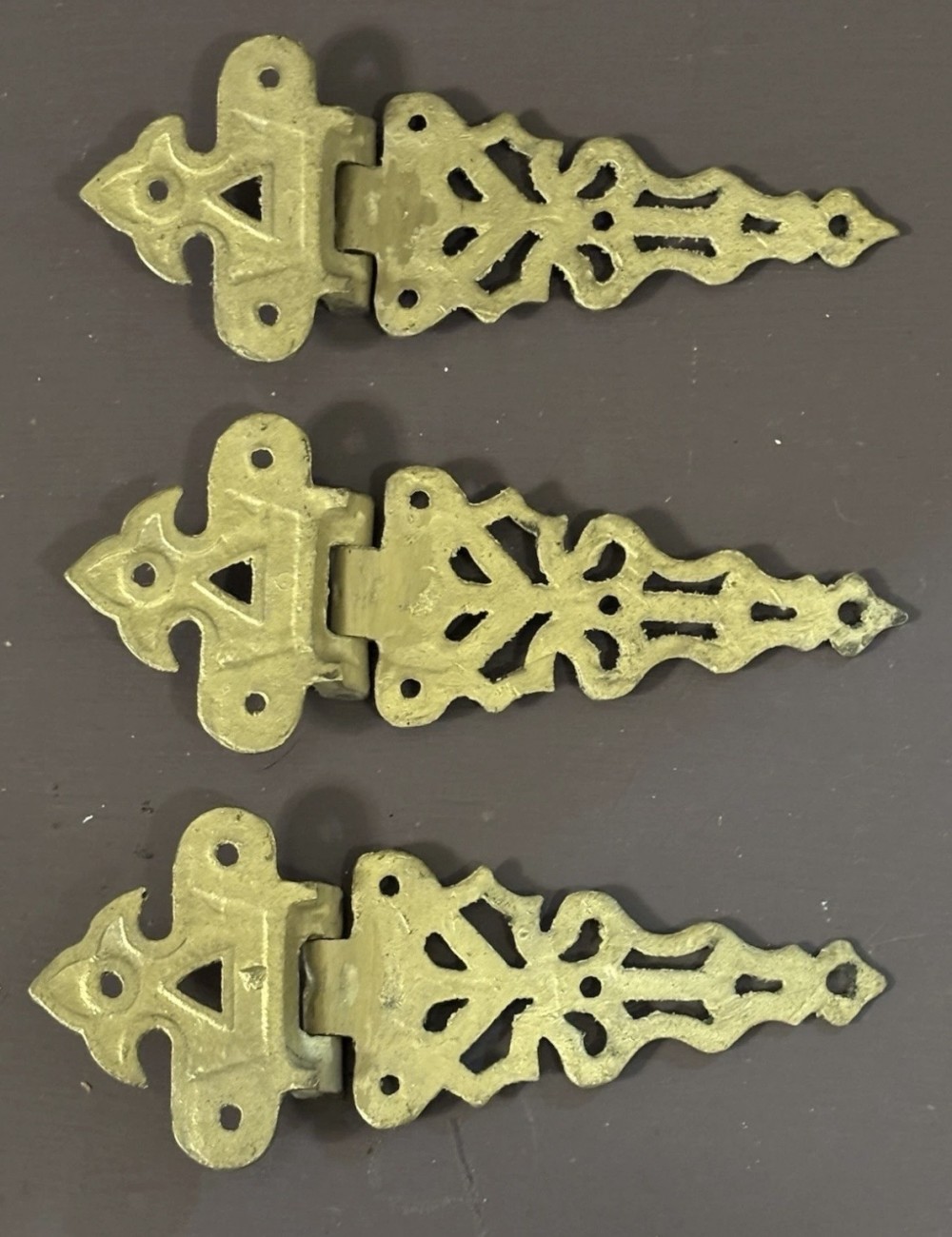 Antique Solid Brass Offset Ice Box Hinges Set of 3 Decorative Cabinet Strap Hinges 6¾”