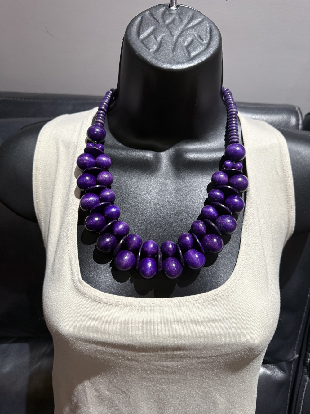 Necklace - Large Beaded Purple Double Layer Wood