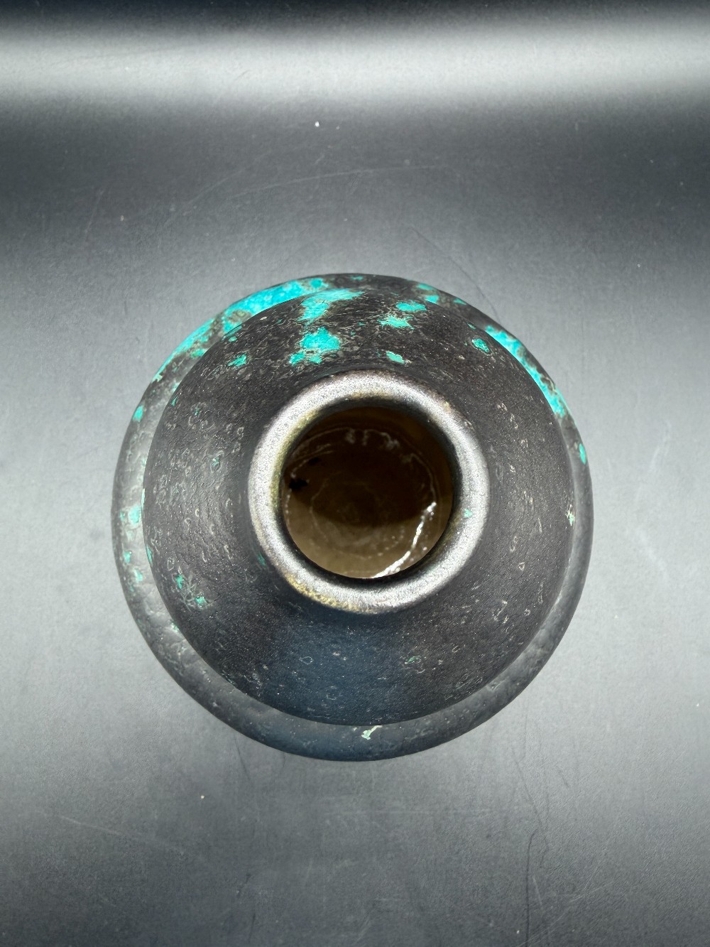 Brutalist Turquoise & Black Volcanic Glaze Double Gourd Vase Mid-Century