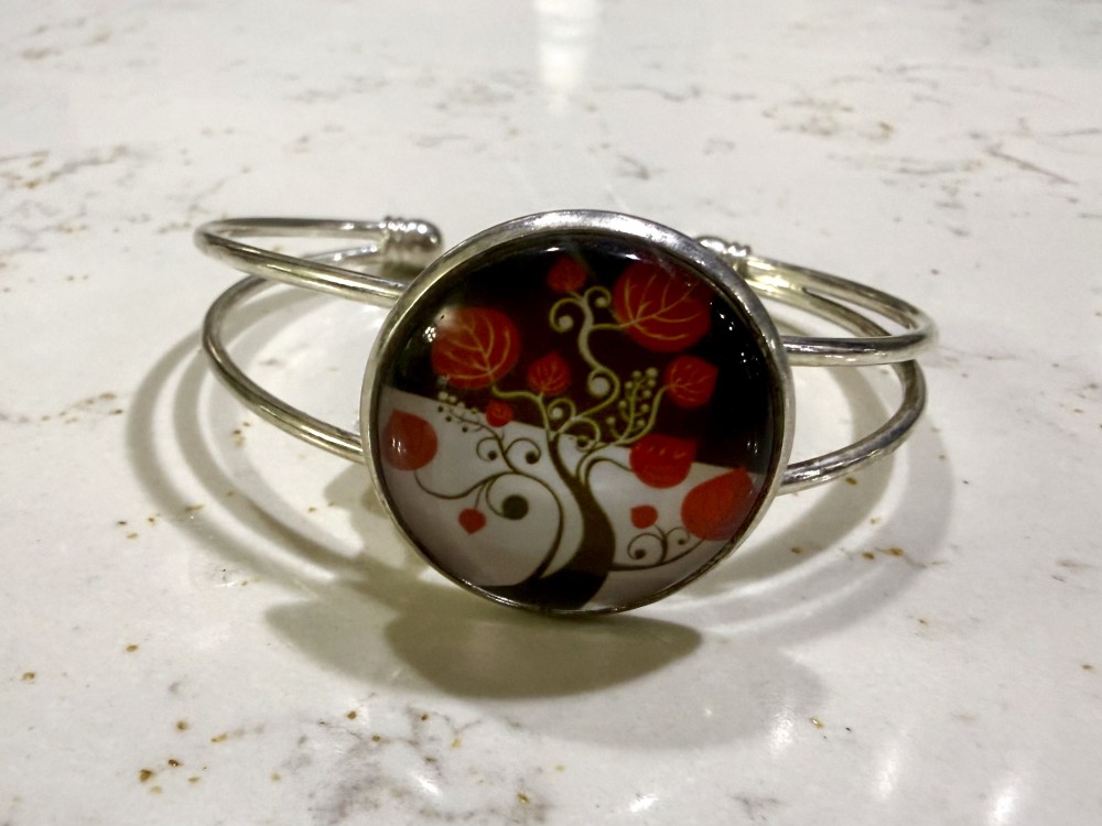 Cuff Bracelet - Tree of Life Brown Red Autum in Silver