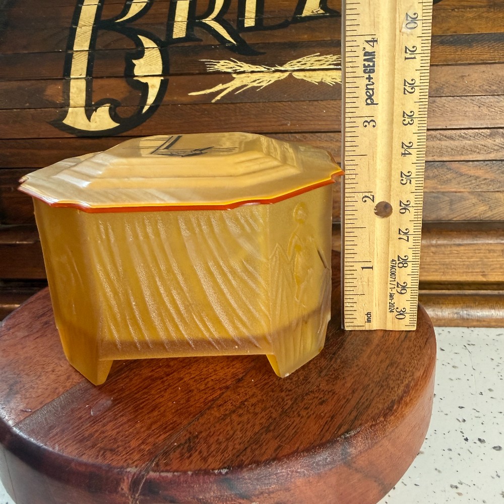 Art Deco Dresser Box Celluloid Lid Amber Satin Glass Base