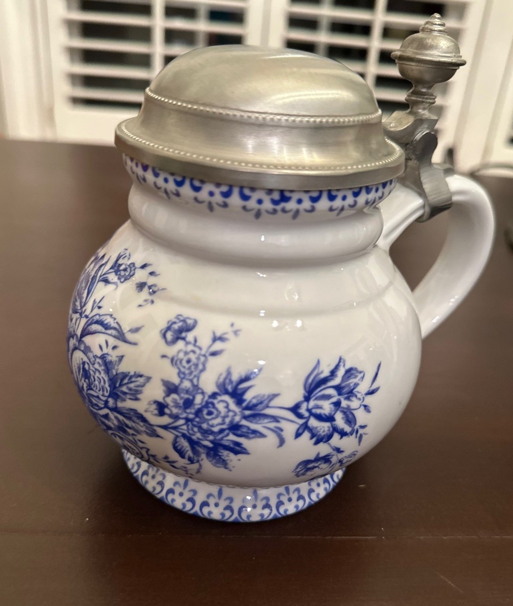 Blue and White Stoneware with Pewter German Stein.