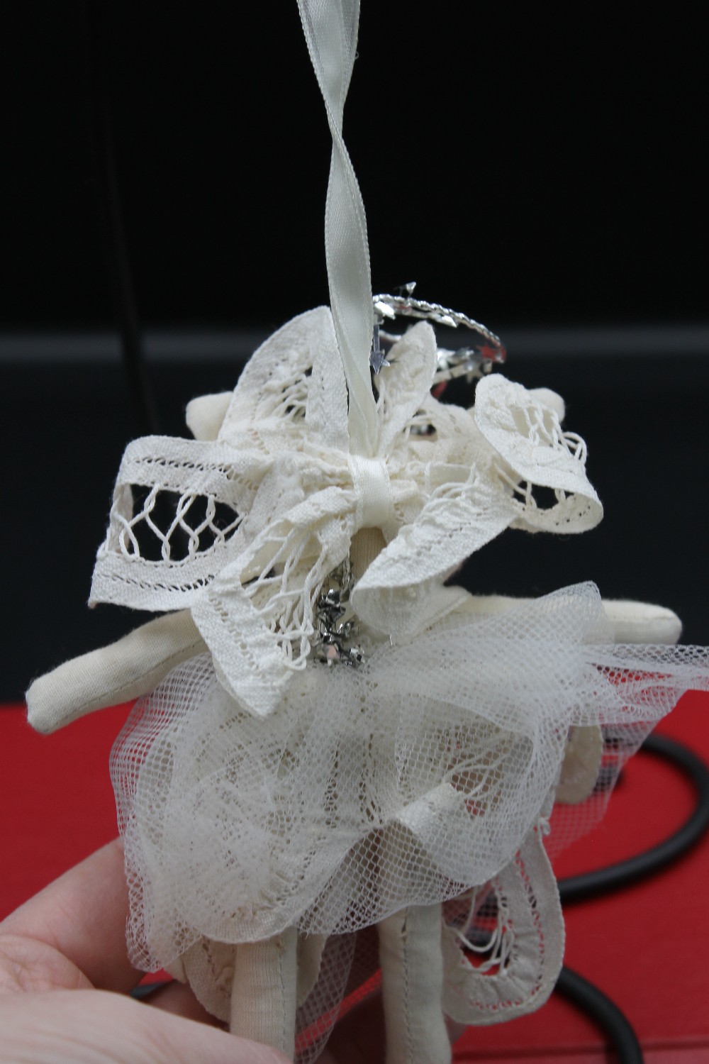 Vtg 1990s cloth car angel ornament, silver halo
