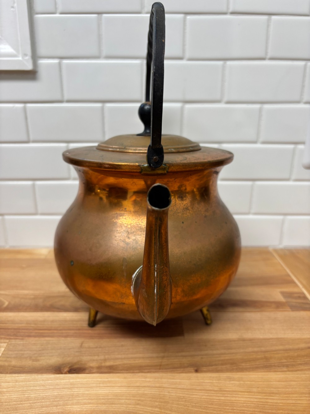 Copper Tea Kettle MCM Hammered Footed Wrought Iron Handle Vintage Unmarked