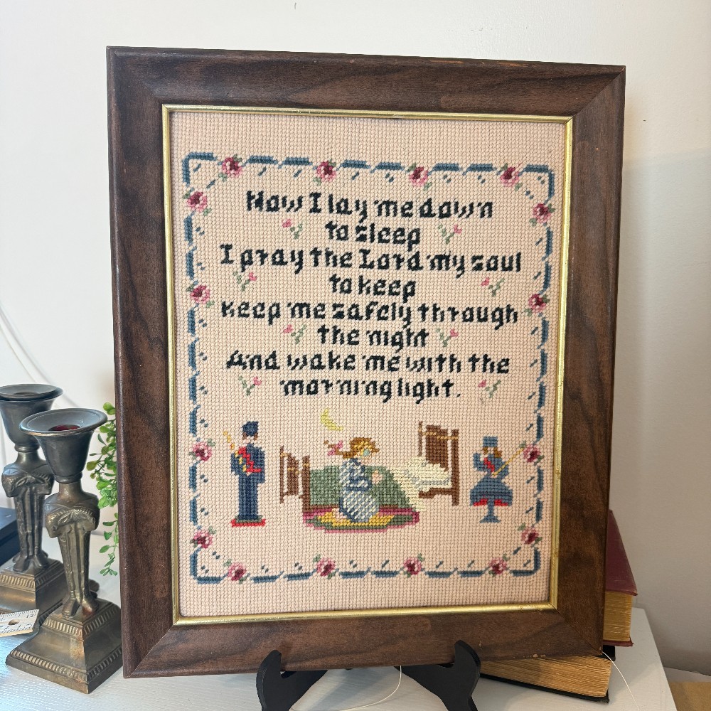 Framed Cross-Stitch Sampler – Bedtime Prayer