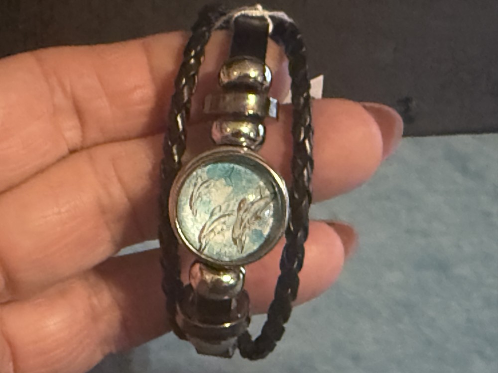 Bracelet-Genuine Leather Black Three Strap Dolphin