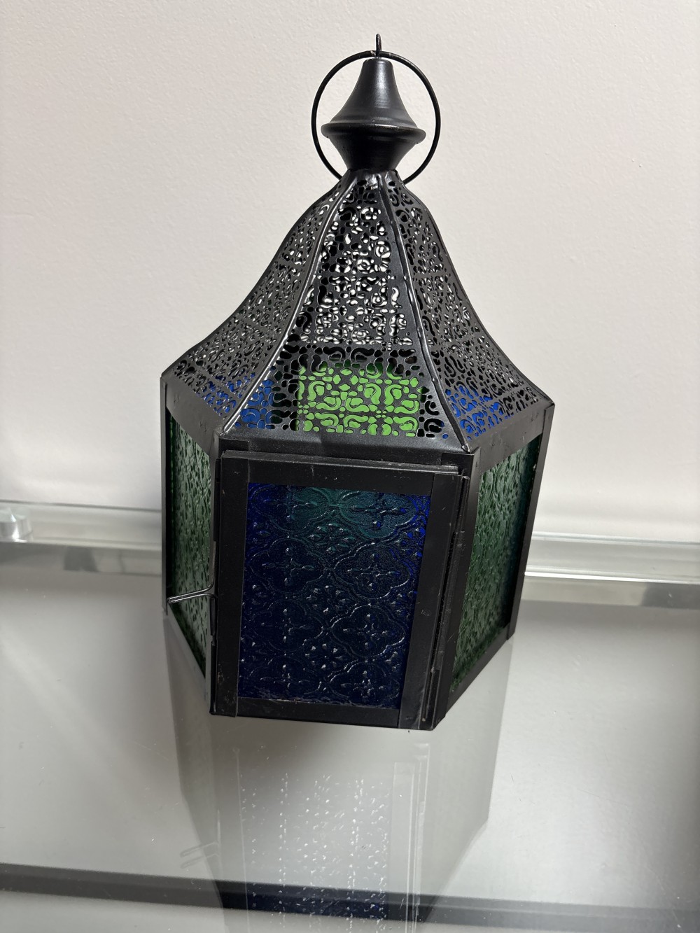 Moroccan 6 Sided Lantern w/Blue and Green Glass Panels