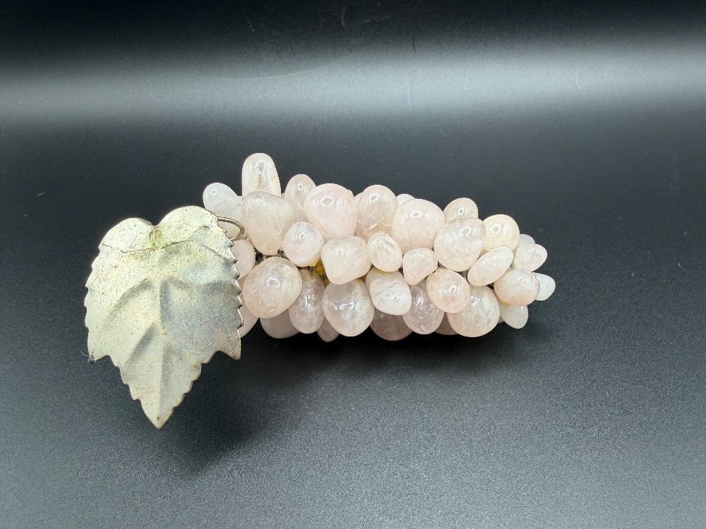 Vintage Mid-Century Rose Quartz Grape Cluster – Polished Stone Fruit with Metal Leaf