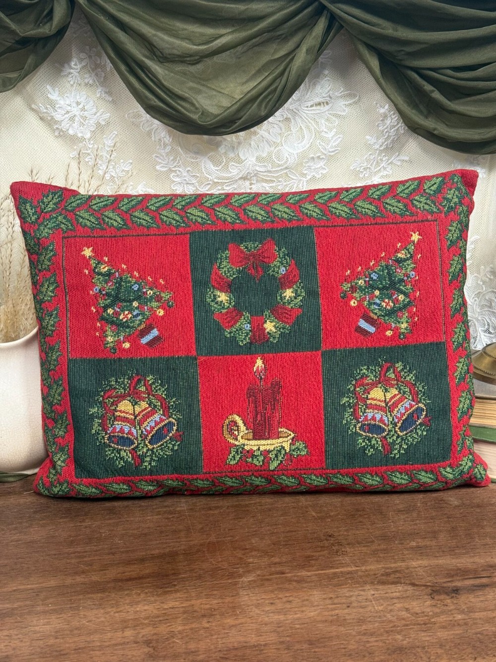 Red Green Tapestry Christmas Pillow Trees Wreaths Bells