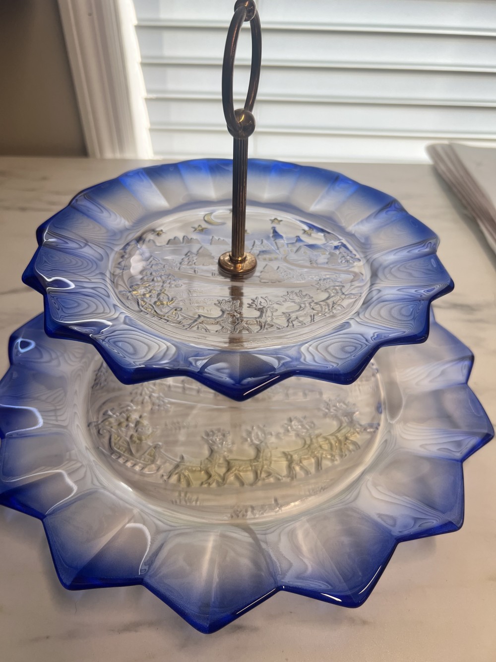 Vintage Blue Glass Two-Tier Serving Tray with Winter Scene
