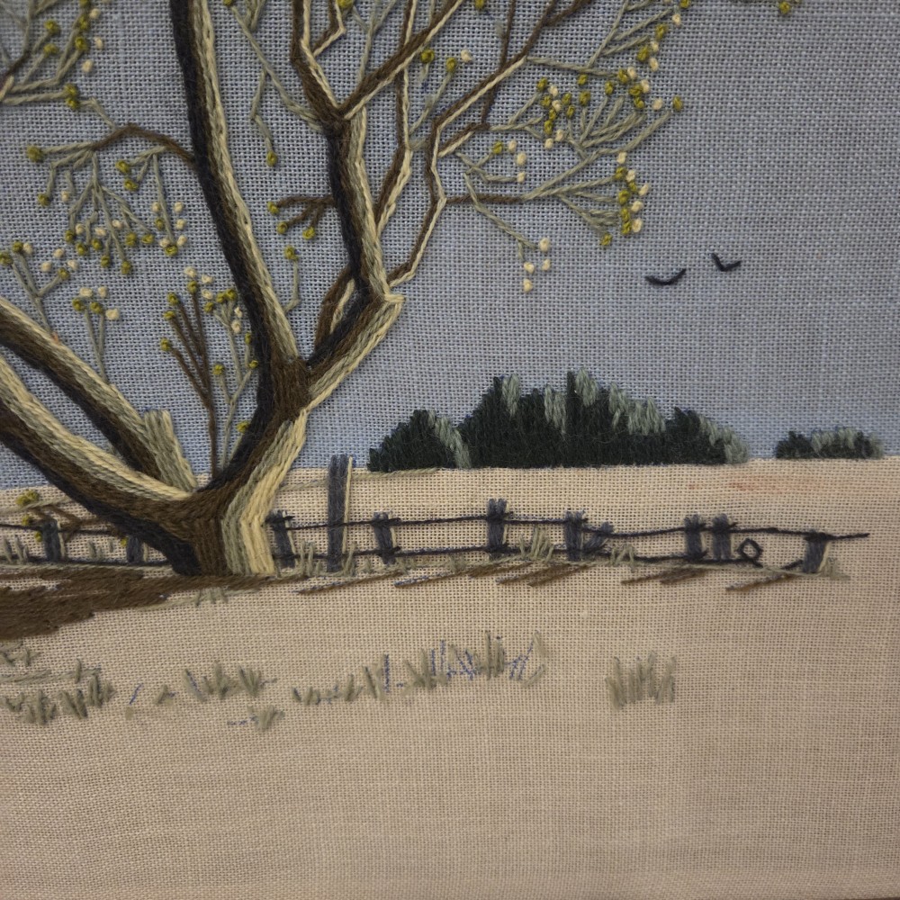 VTG Crewel Paragon Waking Willow Tree Blue Sky Embroidered Framed No Glass