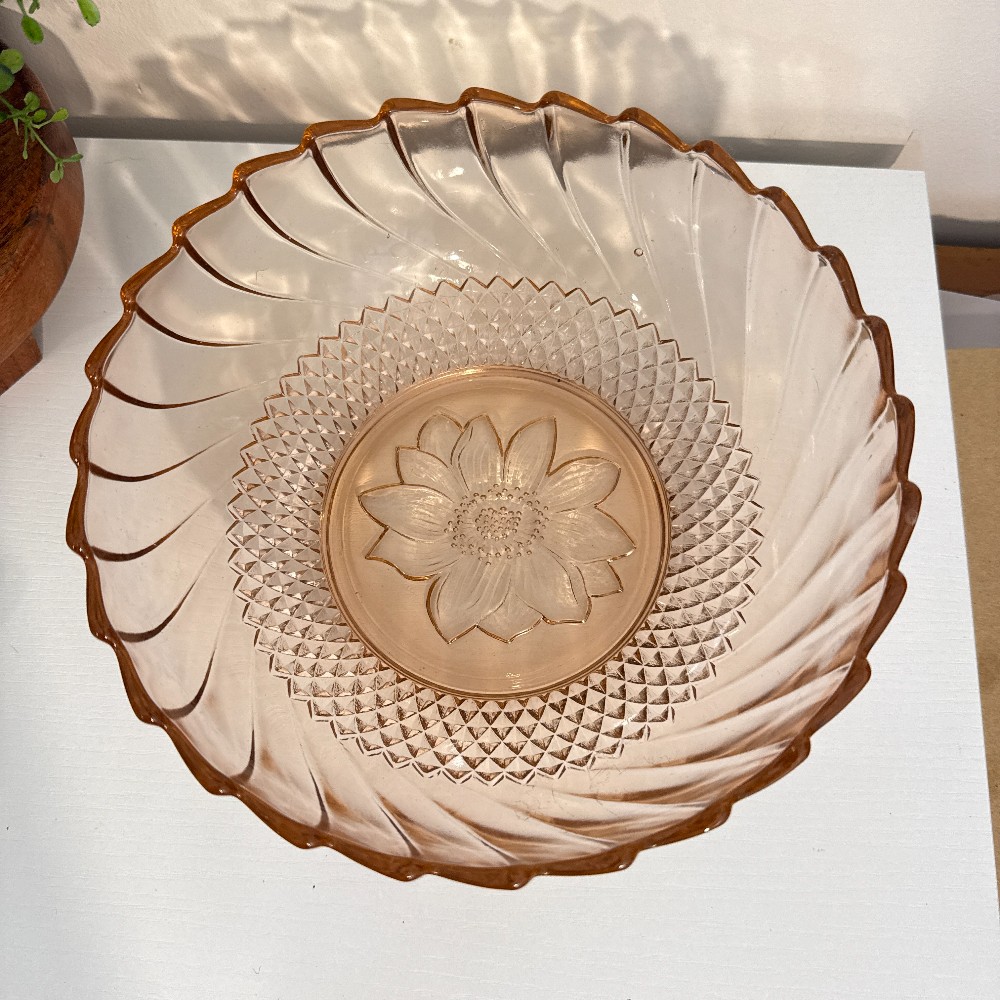 Pink Depression Glass Serving Bowl, Sunflower & Diamond Point