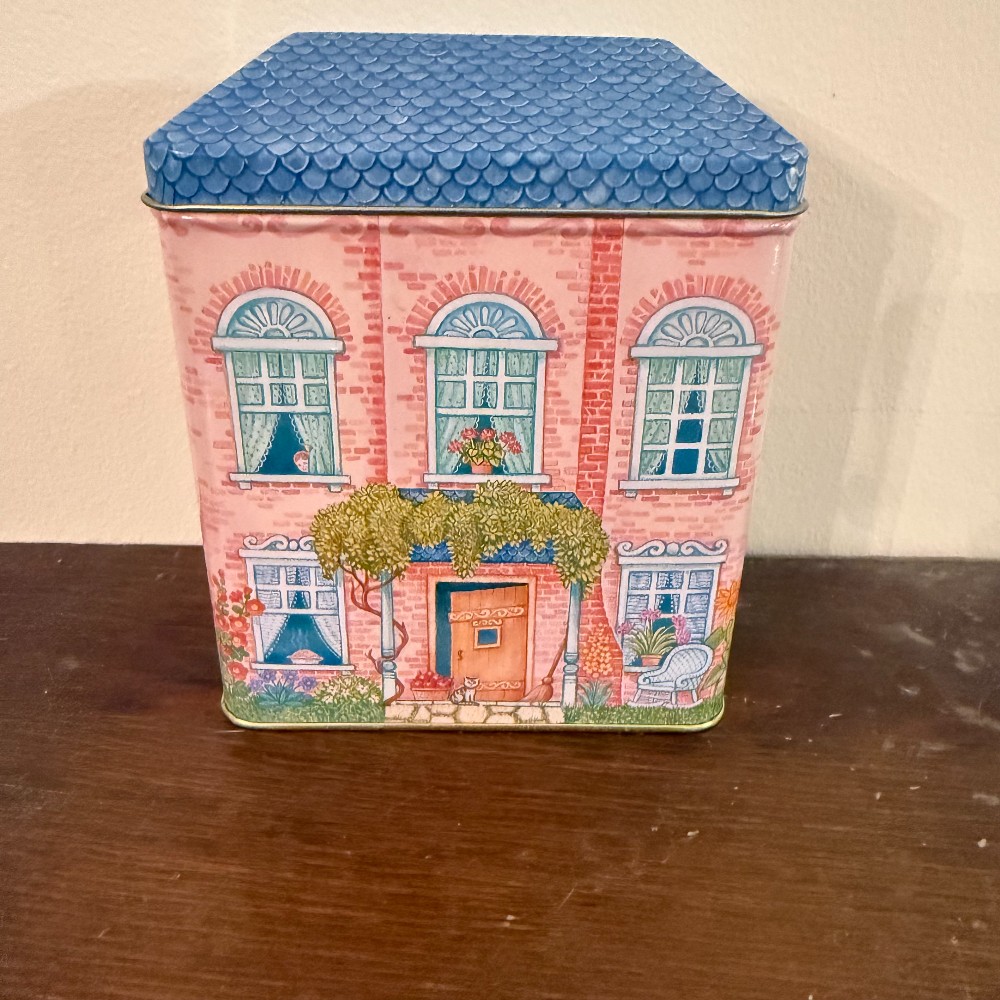 House Shaped Lidded Tin Pink Brick with Blue Shingle Roof, 1995