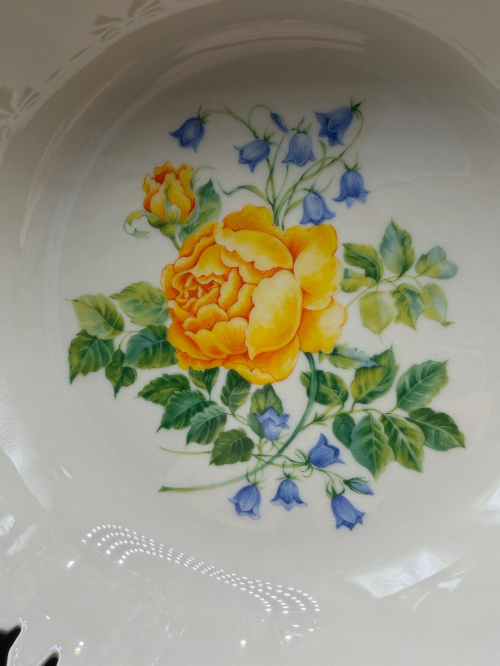 Vintage Lenox Ivory China Pierced Ribbon Reticulated Bowl - Victorian Rose Collection Yellow Rose & Bluebells