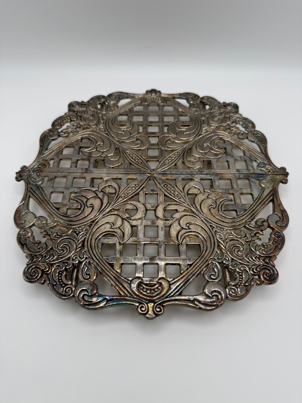 Vintage Godinger Expandable Trivet 1993 - Silver Plated Ornate Victorian Scroll 8.5 Inches to 11 Inches