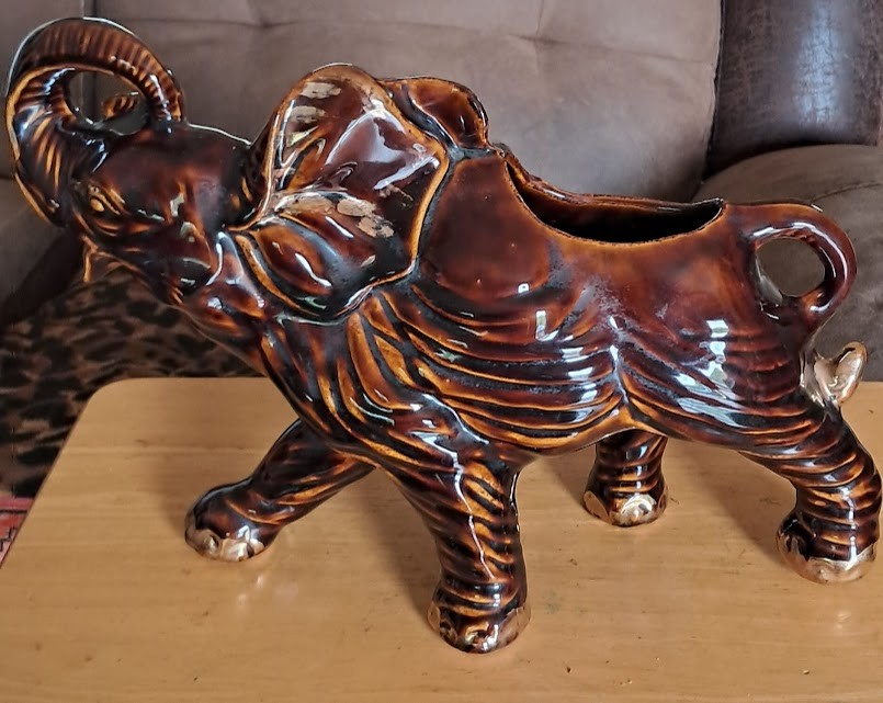 Brown & Gold Elephant Planter (1970's) 15.5
