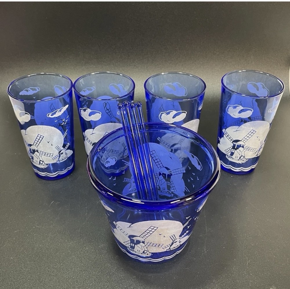 Cocktail Glass Set Hazel Atlas Cobalt Blue Dutch Windmill Ice Bucket 4 Glasses 4 Stir Sticks Vintage