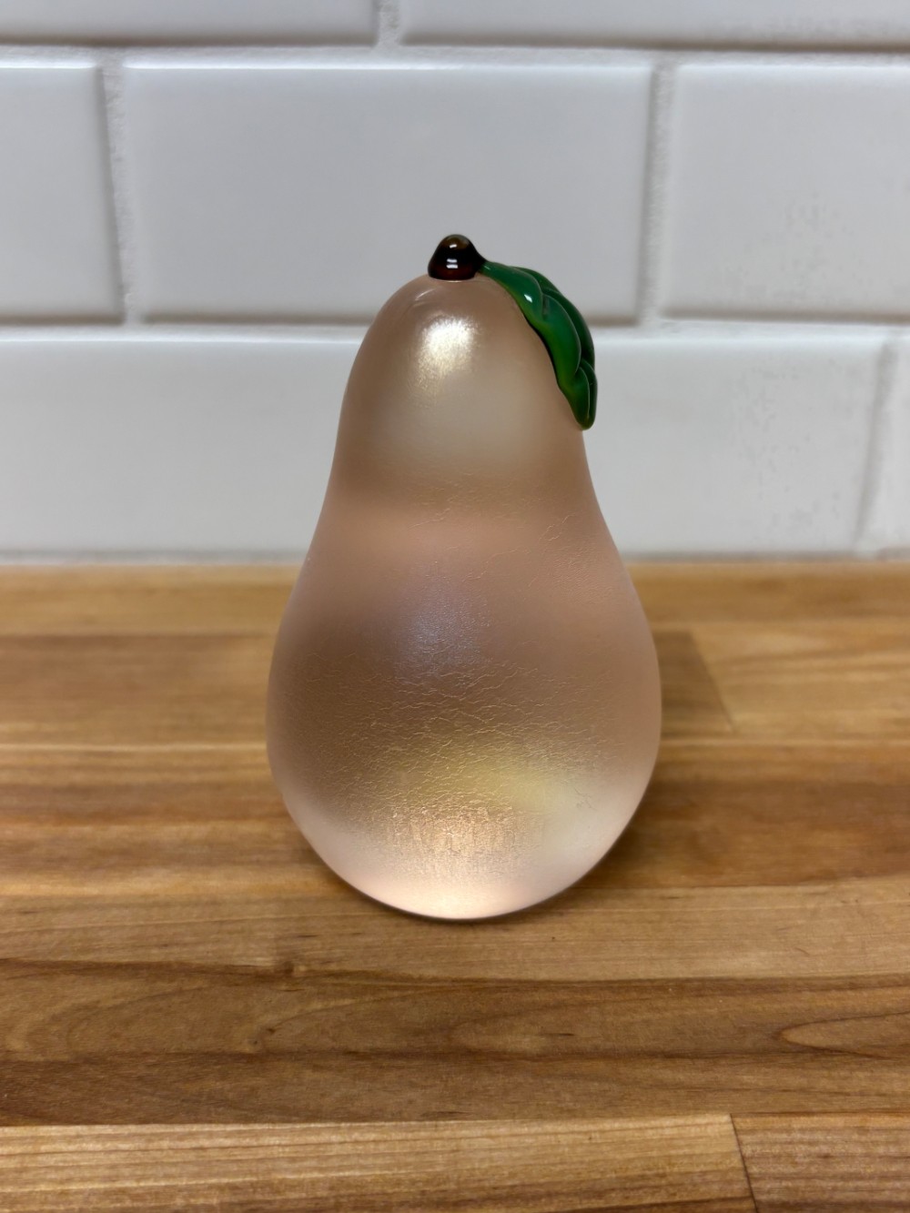 Orient & Flume Pear Paperweight Satin Art Glass Pink Frosted Signed Chico CA USA