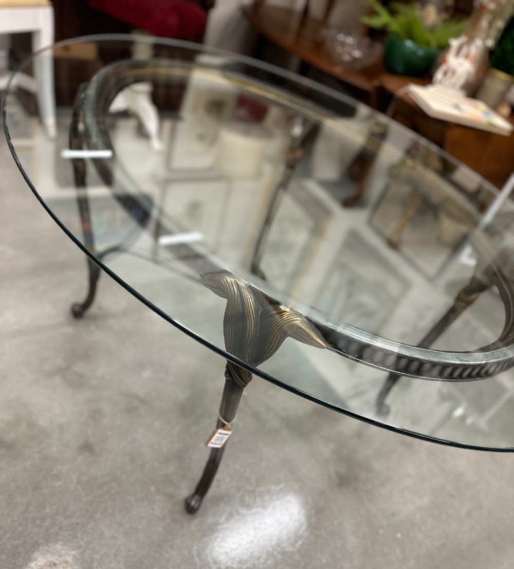 Oval Beveled Glass Top Coffee Table with Ornate Metal Base