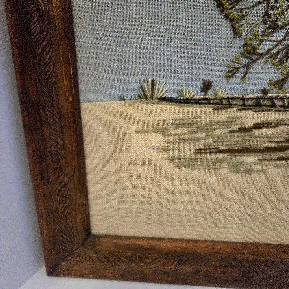 VTG Crewel Paragon Waking Willow Tree Blue Sky Embroidered Framed No Glass