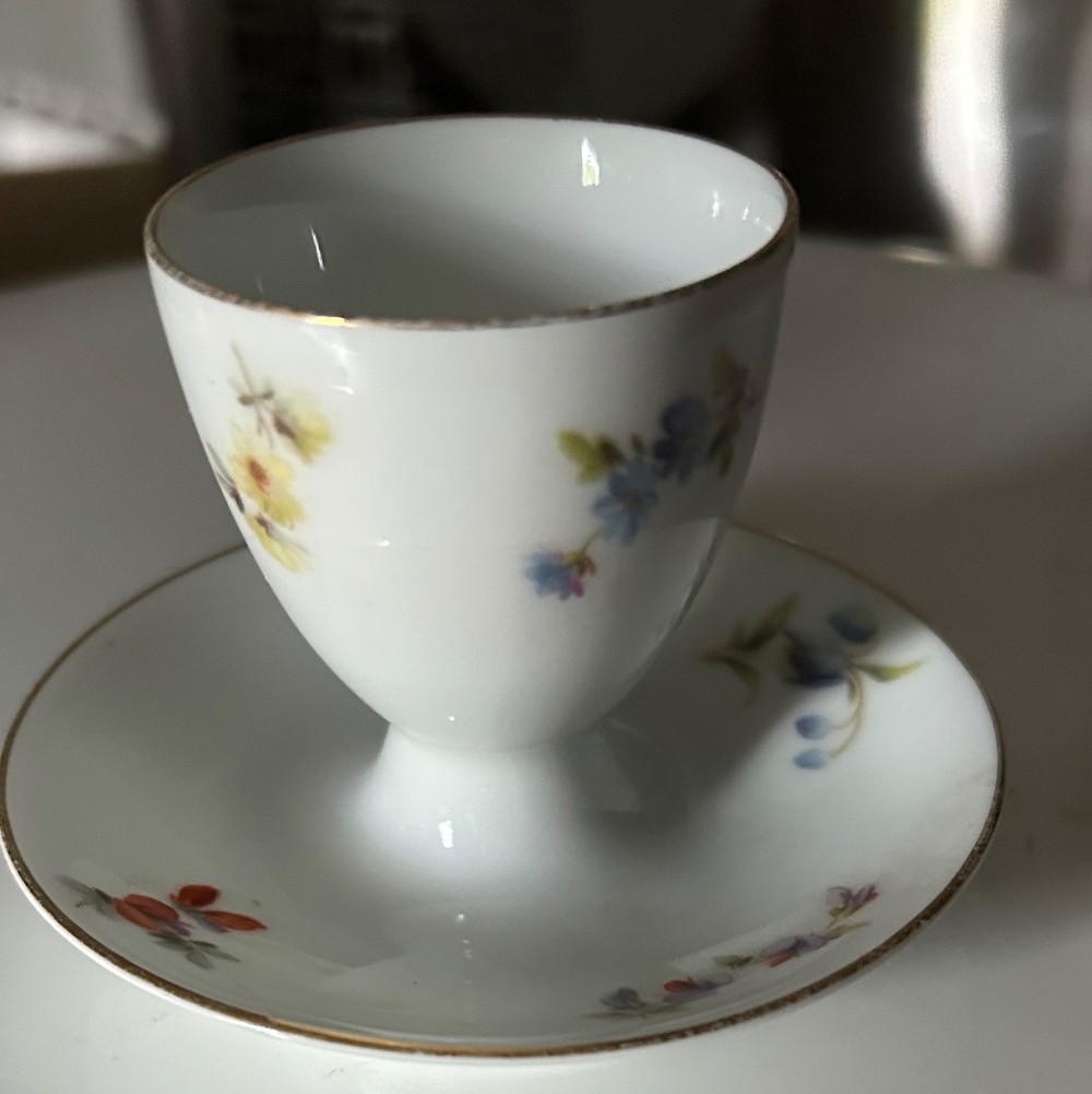 Bavaria Egg Cup - Antique Thomas Bavaria Porcelain Footed Egg Cup with Attached Saucer – Blue Berries and Gold Trim (c. 1910s-1930s)