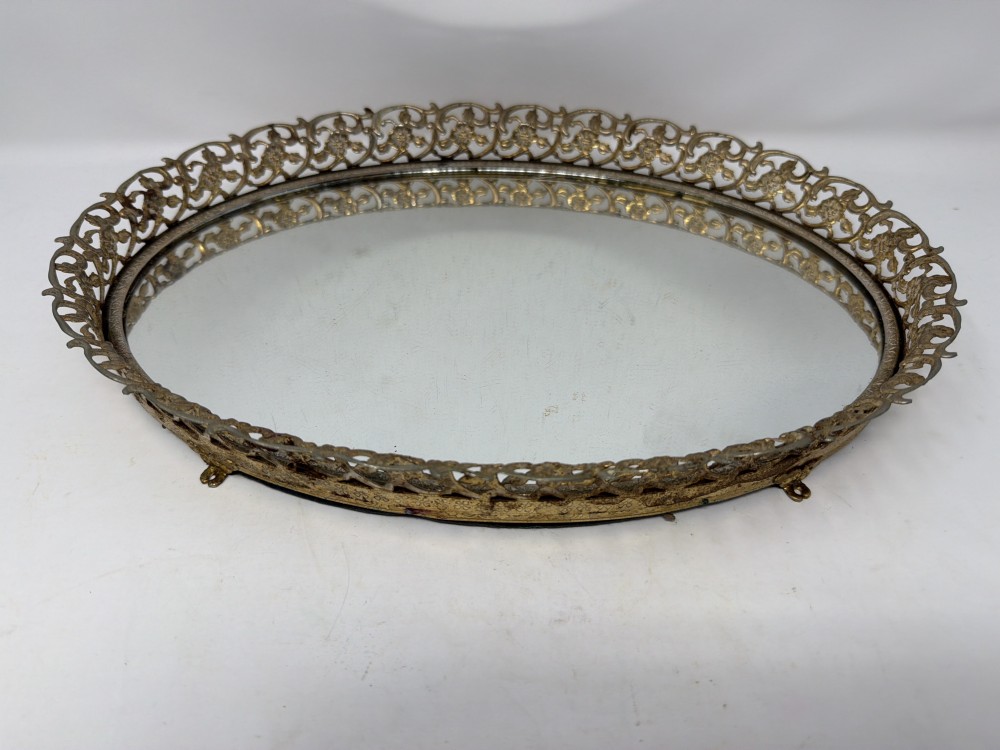 Vtg Oval Mirrored Vanity Tray