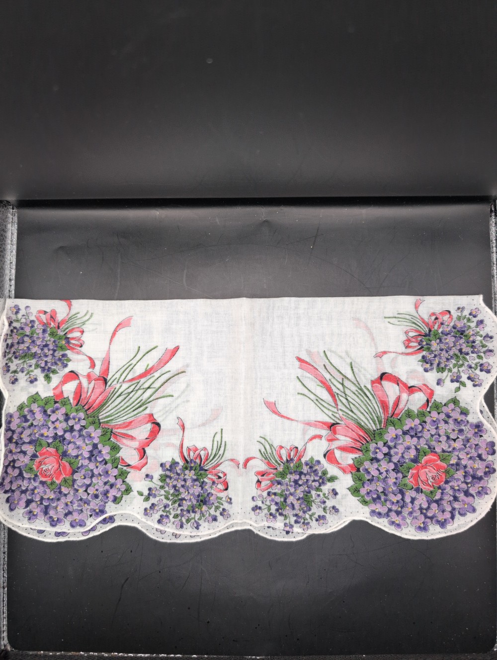 Printed hankie bouquets of purple flowers/pink bows