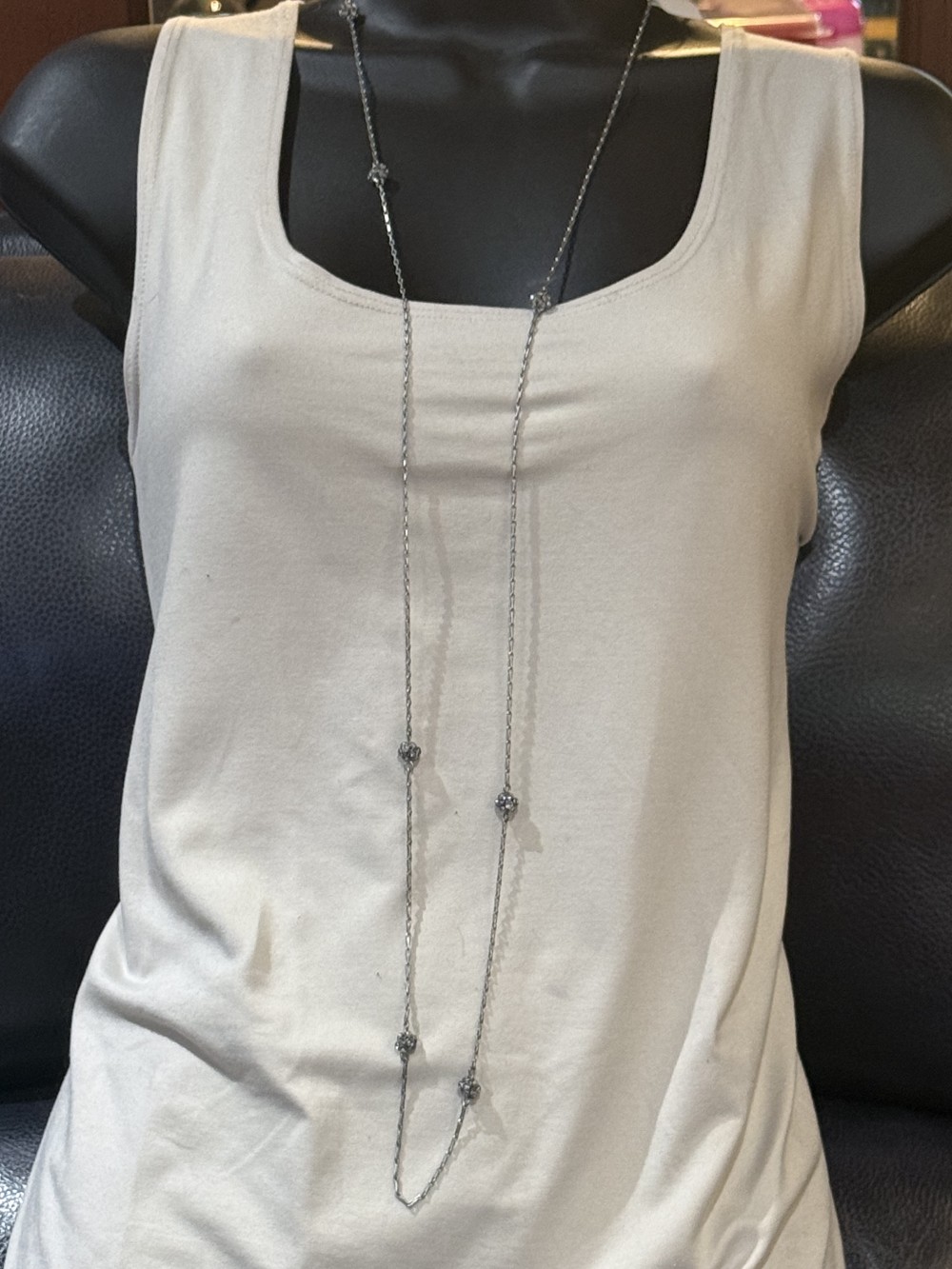 Long Necklace Silver Rhinestone Beads and Chain