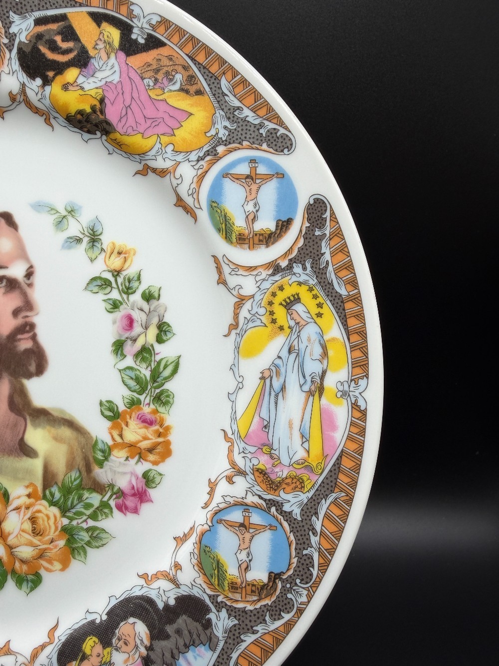 Vintage 1950s Religious Devotional Plate – Head of Christ & Catholic Saints Rim Medallions – Made in Japan