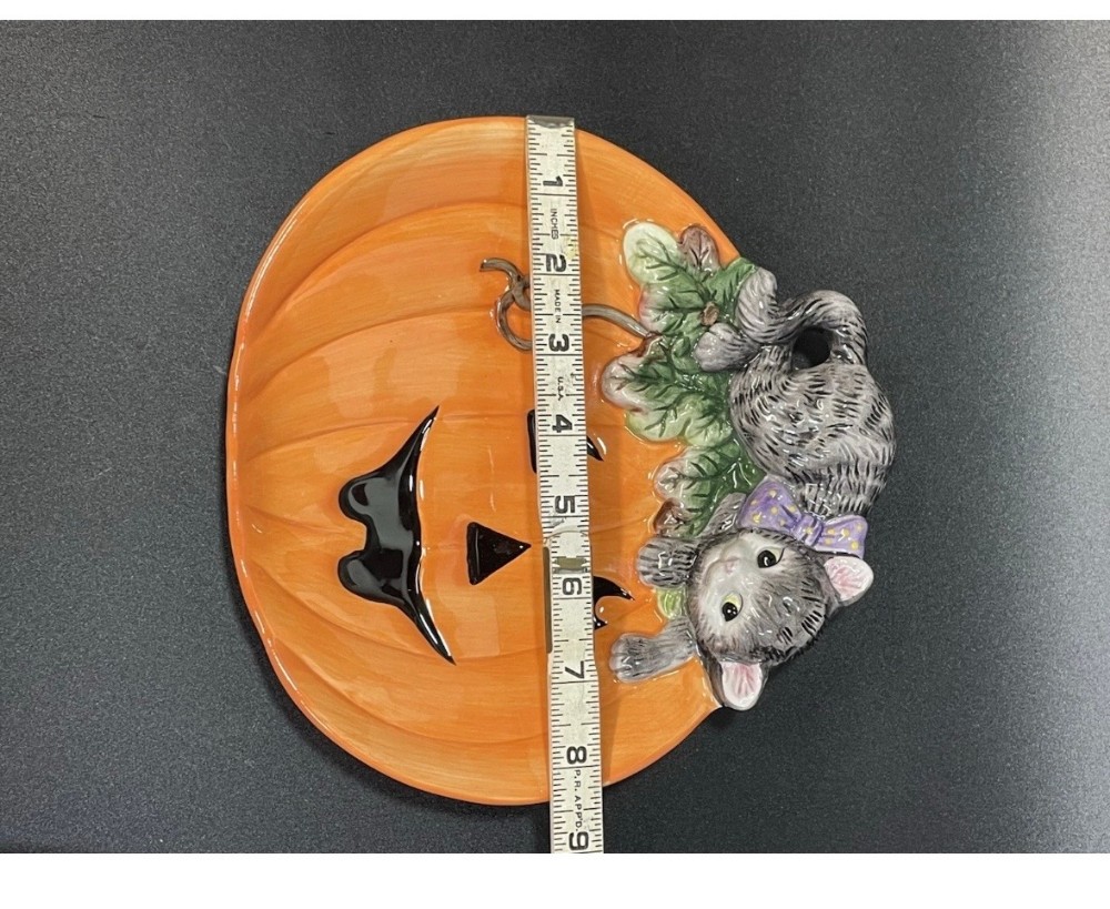 Candy Dish Fitz and Floyd Essentials Halloween Jack-O'-Lantern Pumpkin Gray Cat Ceramic 9