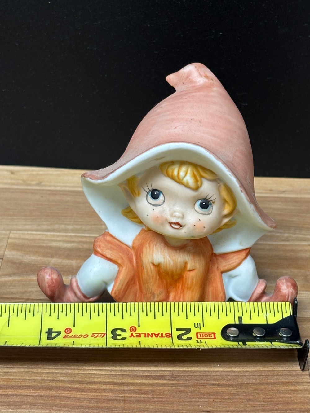 Kitsch Pixie Elf Figurine Orange Homco 5213 Vintage Cottage Big Hat Whimsical